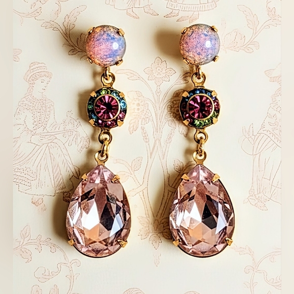 Pink Mystic Fire Opal & Swarovski Flower And Large Pink Crystal Earrings - Picture 1 of 7